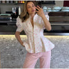 Women's Floral-Print Blazer with a Stand Neck Short Puff Sleeves and a Cinched Waist