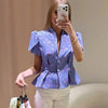 Women's Floral-Print Blazer with a Stand Neck Short Puff Sleeves and a Cinched Waist