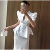 Women's Floral-Print Blazer with a Stand Neck Short Puff Sleeves and a Cinched Waist