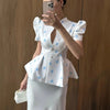 Women's Floral-Print Blazer with a Stand Neck Short Puff Sleeves and a Cinched Waist