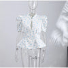 Women's Floral-Print Blazer with a Stand Neck Short Puff Sleeves and a Cinched Waist