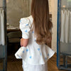 Women's Floral-Print Blazer with a Stand Neck Short Puff Sleeves and a Cinched Waist