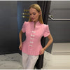 Women's Floral-Print Blazer with a Stand Neck Short Puff Sleeves and a Cinched Waist