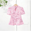 Women's Floral-Print Blazer with a Stand Neck Short Puff Sleeves and a Cinched Waist