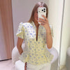 Women's Floral-Print Blazer with a Stand Neck Short Puff Sleeves and a Cinched Waist