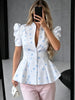 Women's Floral-Print Blazer with a Stand Neck Short Puff Sleeves and a Cinched Waist