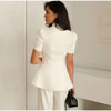 Women's Floral-Print Blazer with a Stand Neck Short Puff Sleeves and a Cinched Waist