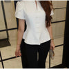 Women's Floral-Print Blazer with a Stand Neck Short Puff Sleeves and a Cinched Waist