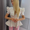 Women's Floral-Print Blazer with a Stand Neck Short Puff Sleeves and a Cinched Waist