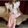 Women's Floral-Print Blazer with a Stand Neck Short Puff Sleeves and a Cinched Waist