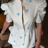 Women's Floral-Print Blazer with a Stand Neck Short Puff Sleeves and a Cinched Waist