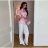 Women's Floral-Print Blazer with a Stand Neck Short Puff Sleeves and a Cinched Waist