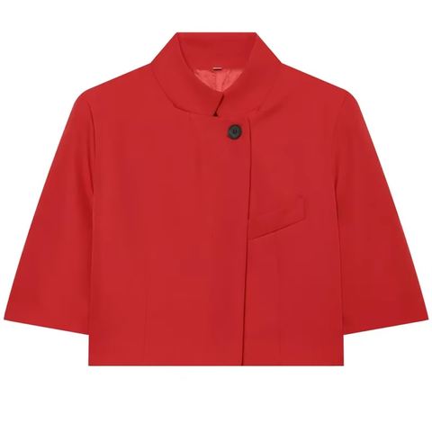 Women's Cropped Blazer, Stand Collar Short Sleeve Button-Front Jacket with Chest Pocket for Spring and Summer