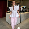 Women's Printed Peplum Blazer with Puff Sleeves and a Cinched Waist