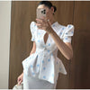 Women's Printed Peplum Blazer with Puff Sleeves and a Cinched Waist