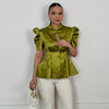 Women's Printed Peplum Blazer with Puff Sleeves and a Cinched Waist