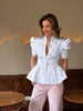 Women's Printed Peplum Blazer with Puff Sleeves and a Cinched Waist