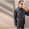 Women's Fitted PU-Leather Blazer with a Split Collar and Cinched Waist