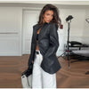 Women's Fitted PU-Leather Blazer with a Split Collar and Cinched Waist