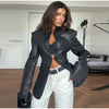Women's Fitted PU-Leather Blazer with a Split Collar and Cinched Waist