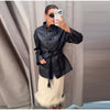 Women's Fitted PU-Leather Blazer with a Split Collar and Cinched Waist