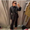 Women's Fitted PU-Leather Blazer with a Split Collar and Cinched Waist