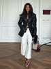 Women's Fitted PU-Leather Blazer with a Split Collar and Cinched Waist