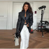 Women's Fitted PU-Leather Blazer with a Split Collar and Cinched Waist