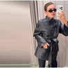 Women's Fitted PU-Leather Blazer with a Split Collar and Cinched Waist