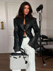 Women's Fitted PU-Leather Blazer with a Split Collar and Cinched Waist