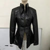 Women's Fitted PU-Leather Blazer with a Split Collar and Cinched Waist