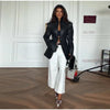 Women's Fitted PU-Leather Blazer with a Split Collar and Cinched Waist