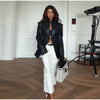 Women's Fitted PU-Leather Blazer with a Split Collar and Cinched Waist