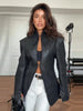 Women's Fitted PU-Leather Blazer with a Split Collar and Cinched Waist