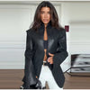 Women's Fitted PU-Leather Blazer with a Split Collar and Cinched Waist