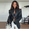 Women's Fitted PU-Leather Blazer with a Split Collar and Cinched Waist