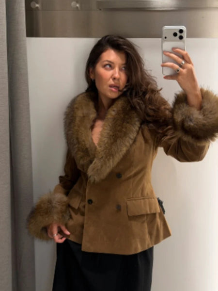Women's Faux-Suede Blazer with a Faux-Fur Collar and Cuffs