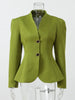 Women's Green Stand-Collar Blazer with Puff Sleeves and a Curved Hem