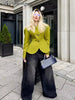 Women's Green Stand-Collar Blazer with Puff Sleeves and a Curved Hem