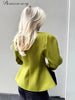 Women's Green Stand-Collar Blazer with Puff Sleeves and a Curved Hem