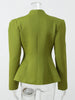 Women's Green Stand-Collar Blazer with Puff Sleeves and a Curved Hem