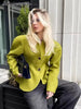 Women's Green Stand-Collar Blazer with Puff Sleeves and a Curved Hem