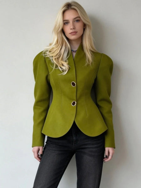 Women's Green Stand-Collar Blazer with Puff Sleeves and a Curved Hem