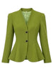 Women's Green Stand-Collar Blazer with Puff Sleeves and a Curved Hem