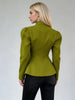 Women's Green Stand-Collar Blazer with Puff Sleeves and a Curved Hem