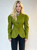 Women's Green Stand-Collar Blazer with Puff Sleeves and a Curved Hem