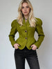 Women's Green Stand-Collar Blazer with Puff Sleeves and a Curved Hem