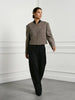 Women's Cropped Tweed Blazer with a Mandarin Collar Contrast Trim and Gold Buttons