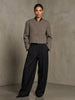Women's Cropped Tweed Blazer with a Mandarin Collar Contrast Trim and Gold Buttons
