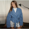 Women's Cropped Denim Blazer with a Belted Waist and Double-Breasted Front